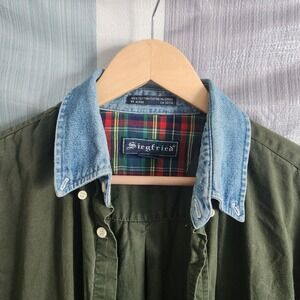 Siegfried Mens Olive Green Cotton Button Down Shirt Denim Collar Plaid vtg L